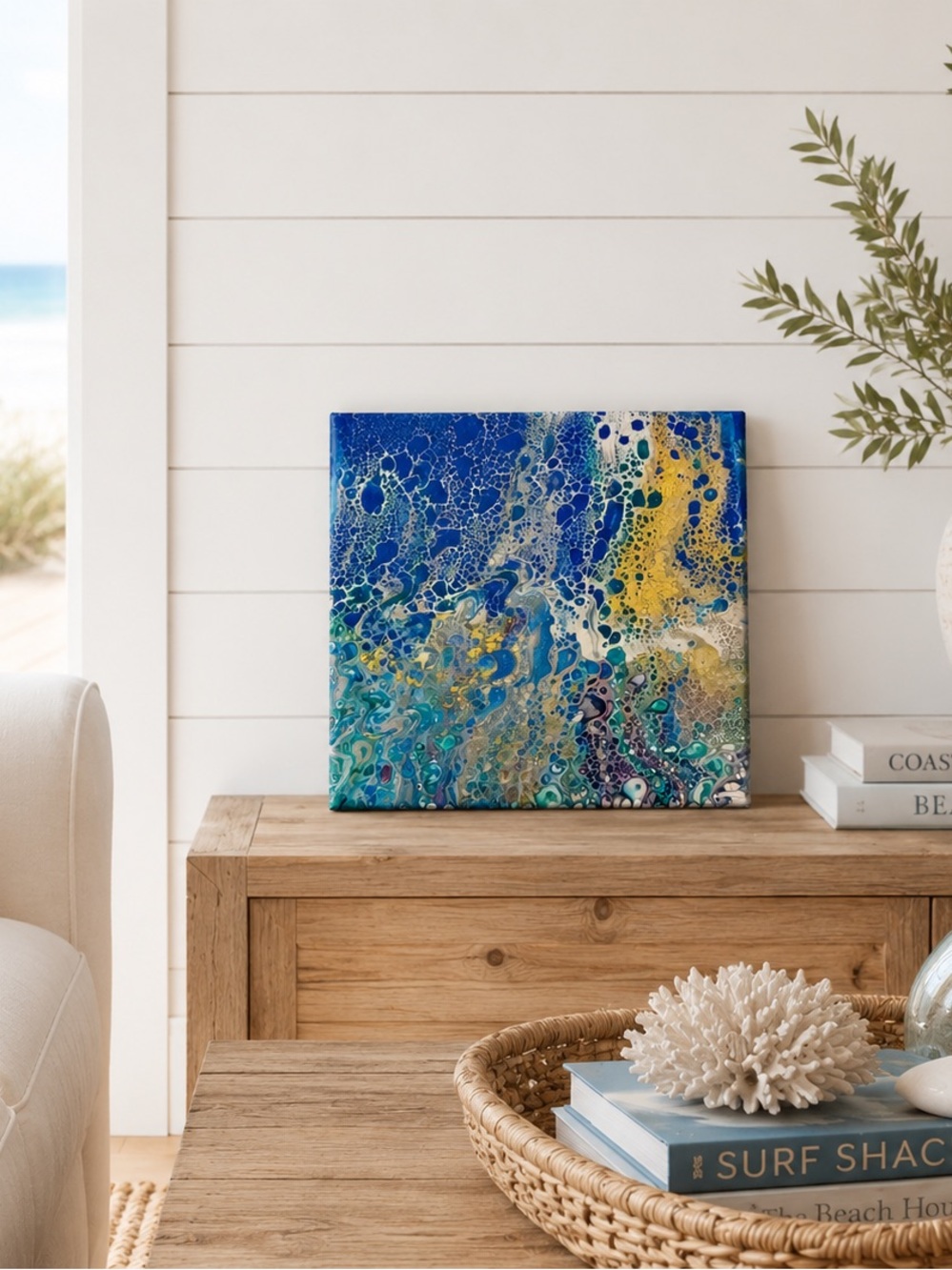 Abstract Ocean Fluid Art Canvas - Blue, Teal & Gold Handmade